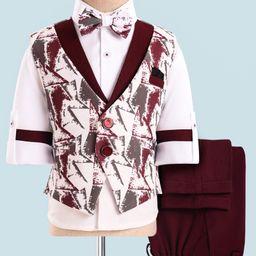 Rikidoos Full Sleeves Solid Shirt With Abstract Printed Waistcoat Pant & Bow Set - White & Dark Maroon-image-101