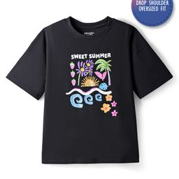 Primo Gino Cotton Knit Half Sleeves Oversize Drop Shoulder T-Shirt with Beach Theme & Sequins Embroidery- Black-image-36
