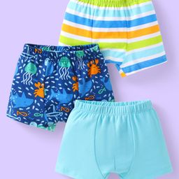 Babyhug Interlock Knit Trunks With Stripes & Sea Life Print Pack Of 3 - Blue & Aqua Blue-image-65