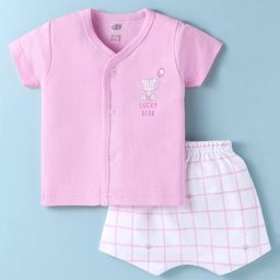 Zero Interlock Knit Half Sleeves Shorts Night Suit with Bear Print & Checks - Pink & White-picture-26