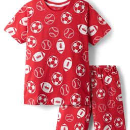 Kookie Kids Single Jersey Knit Half Sleeves Shorts Co-Ord Night Suit With Sport Theme Print - Red-image-15