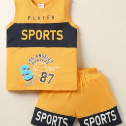 Taeko Single Jersey Knit Sleeveless Cut & Sew Tank T-Shirt & Shorts Set with Sports Theme Print - Yellow-image-11