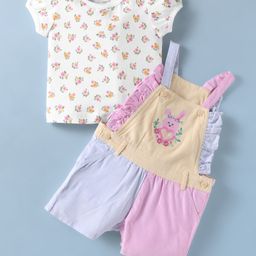 ToffyHouse Knitted Woven Half Sleeves T-Shirt & Dungaree With Animal Print - Pink-picture-5