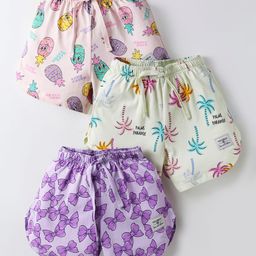 CUCUMBER Sinker Knit Above Knee Length Shorts With Bow & Beach Theme Print Pack Of 3 - Purple Pink & Light Yellow-image-87