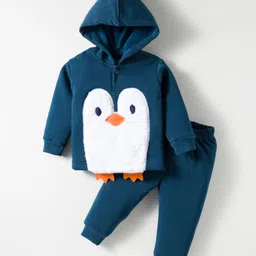 Little Darlings Fleece Knit Full Length Winter Wear Hooded T-Shirt & Lounge Pant Set With Bird Embroidery & Leg Applique - Teal Blue-picture-14