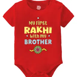 Baby Buzz 100% Cotton Knit Raksha Bandhan Theme Half Sleeves My First Rakhi With My Brother Text Printed Onesie - Red-picture-2