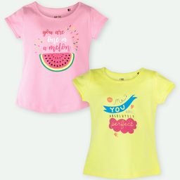 Ariel Cotton Knit Pack Of 2 Half Sleeves Watermelon & Typography Printed Tops - Pink & Yellow-image-79
