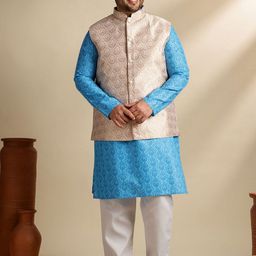 SOJANYA PLUS Floral Printed Mandarin Collar Kurta & Pyjama With Nehru jacket-image-5