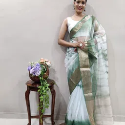 V3 FASHION STUDIO Tie and Dye Woven Design Zari Organza Handloom Leheriya Saree-image-99