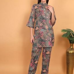 chia fashions Floral Printed Mandarin Collar Tunic With Trousers-image-27