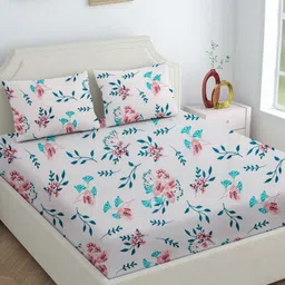 Star Weaves White & Blue Floral 200 TC King Bedsheet with 2 Pillow Covers-70
