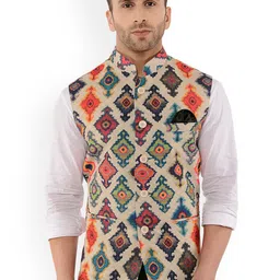 Hangup Men Multicoloured Printed Nehru Jacket With Pocket Square-58