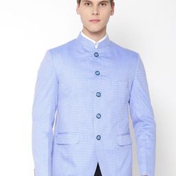 Shaftesbury London Men Blue Checked Slim Fit Bandhgala Blazer-image-17