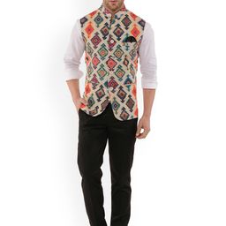 Hangup Men Multicoloured Printed Nehru Jacket With Pocket Square image 5