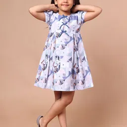 PINK MERMAID Girls Abstract Print Fit & Flare Dress with Bow Deatail-image-34