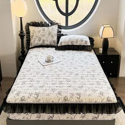 JC HOME White & Black Floral 150 TC Fitted Double Queen Bedsheet Set 1.50 m x 2 m-picture-18