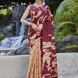 KALINI Brown Cotton Blend Printed Sarees-image-71