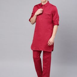 Freehand by The Indian Garage Co Men Red Solid Kurta with Pyjamas-picture-6