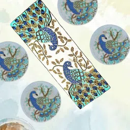 YWULY 5-Pcs White & Blue Peacock Embellished Table Linen Set-25