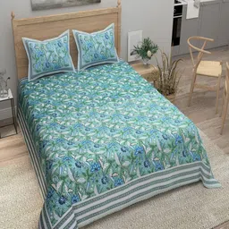Bombay Spreads Turquoise Blue & Green Floral 180 TC King Bedsheet with 2 Pillow Covers-image-80