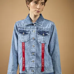 DOLCE CRUDO Women Washed Denim Jacket with Patchwork-image-89