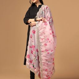 Kaizen TEXO FAB Floral Printed Mirror Work Organza Dupatta image 5