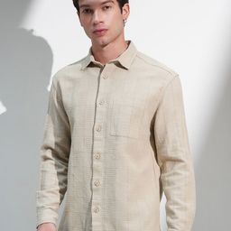 HIGHLANDER Men Comfort Relaxed Fit Textured Spread Collar Cotton Casual Shirt-image-53