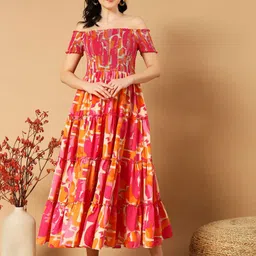 OTABU Floral Printed Off-Shoulder Crepe A-Line Midi Dress-image-83