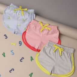 Mi Arcus Baby Girl Cotton Solid & Leaves Printed Shorts Pack of 3 Multi Colour-image-51