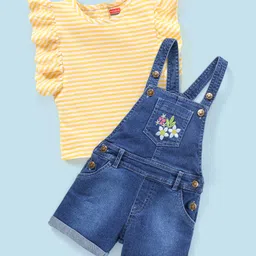 Babyhug 100% Cotton Sleeveless Striped Tee & Dungaree Set Floral Embroidery- Yellow & Blue-picture-12