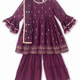 Babyhug Three Fourth Sleeves Rubber Print Kurti With Gharara And Net Dupatta- Purple-image-22