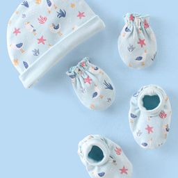 Babyhug 100% Cotton Knit Cap Mittens & Booties Set with Star Fish Print - Blue-picture-10