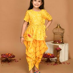 Saka Designs By Sapna Half Sleeves Leaf Swirl Foil Printed With Lace Embellished Kurta & Dhoti Set - Yellow & Golden-image-60
