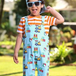 Babyhug Cotton Knit Truck Printed Dungaree with Half Sleeves Striped Inner Tee - Red & Blue-image-58