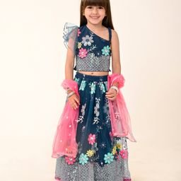 BabyhugSleeveless Sequenced Embroidered Choli Lehenga & Frill Net Dupatta Set- Teal-picture-16