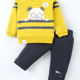 Mini Taurus Cotton Knit Full Sleeves T-Shirt & Lounge Pants Set With Teddy Print - Yellow-image-6
