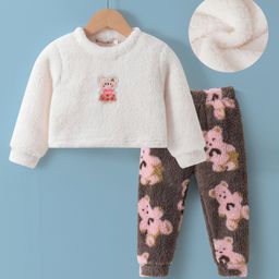 Kookie Kids Full Sleeves Winter Wear Night Suit with Teddy Applique - White-image-83