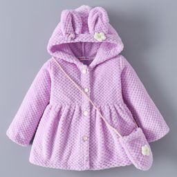 Kookie Kids Full Sleeves Front Open Hooded Fur Jacket With Floral Applique & Side Purse - Lavender-image-90