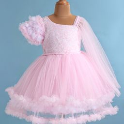 Bluebell Net Knit Frill Sleeves Party Wear Frock with Floral Design - Pink-image-75