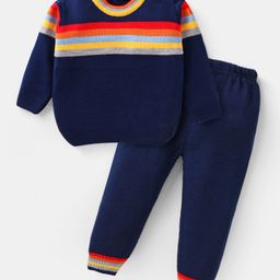 Babyhug Knitted Full Sleeves Striped Designed PulloverSweater Set - Navy Blue Red & Yellow-image-61