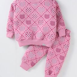 Teddy Fleece Knit Winter Night Suit with Hearts Print - Pink-image-100
