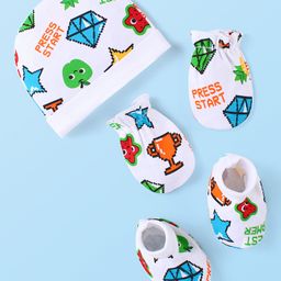 Babyhug Cotton Interlock Knit Cap Mittens & Booties Set Text Print - Multicolor-picture-2