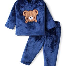 Babyhug Woven Full Sleeves Winter Wear Solid Colour Fur T-Shirt & Joggers Set with Bear Patch- Navy Blue-image-71