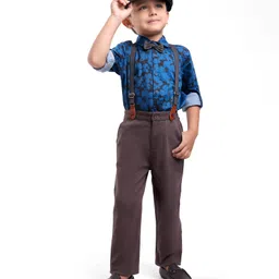 Ollington St. 100% Cotton Full Sleeves Collared Shirt & Twill Trouser Partywear Set with Bow & Suspender Floral Print -Royal Blue-picture-11