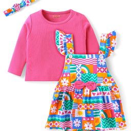 Babyhug 100 % Cotton Knit Full Sleeves Solid Colour T-Shirt & Floral Printed Frock Style Onesie with Headband - Dark Pink-image-51