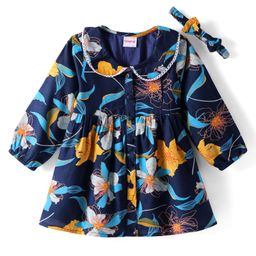 Babyhug Woven Full Sleeves Peter Pan Collar Frock with Floral Print & Head Band - Navy Blue-image-36