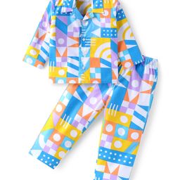 Babyhug Cotton Woven Full Sleeves Co-ords Night Suit with Geometric Shapes Print - White-image-26