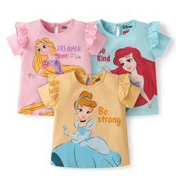 Babyhug Disney Single Jersey Knit Frill Sleeve Top With Disney Princesses Graphic Pack Of 3 - Light Blue Pink & Yellow-image-44