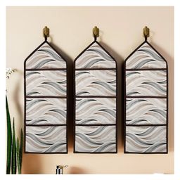 Kuber Industries Pack of 3 Wall Hanging Organizer | Hanging Stationary Organizer | Foldable Document Holder | 3 Multi-Purpose Storage Pocket | Magazine Organizer | Wave-Design | Cream-image-73