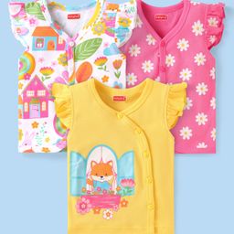 Babyhug Interlock Knit Frill Sleeves Front Open Vest with Floral Print Pack of 3 - Yellow White & Pink-image-128